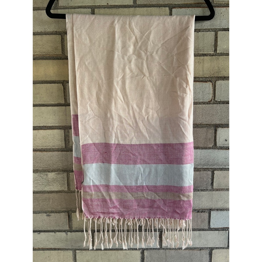 Spartina 449 Tan Pink Striped Fringed Viscose Scarf Wrap One Size